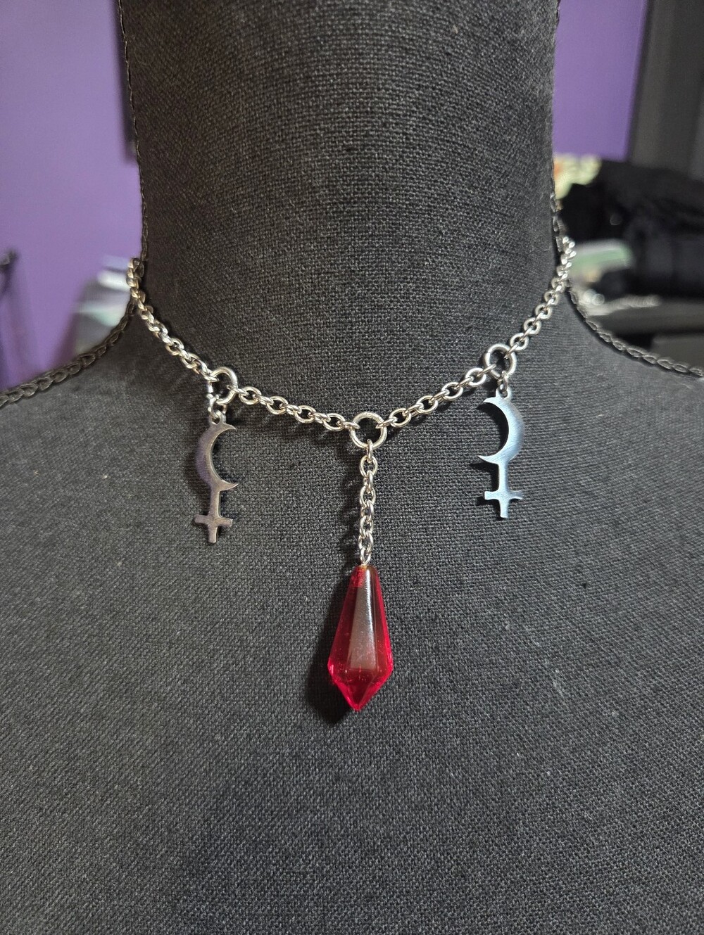 Goth Black Moon Cross Lilith Necklace Choker Red Silver Emo Punk Witch Nasty Gem